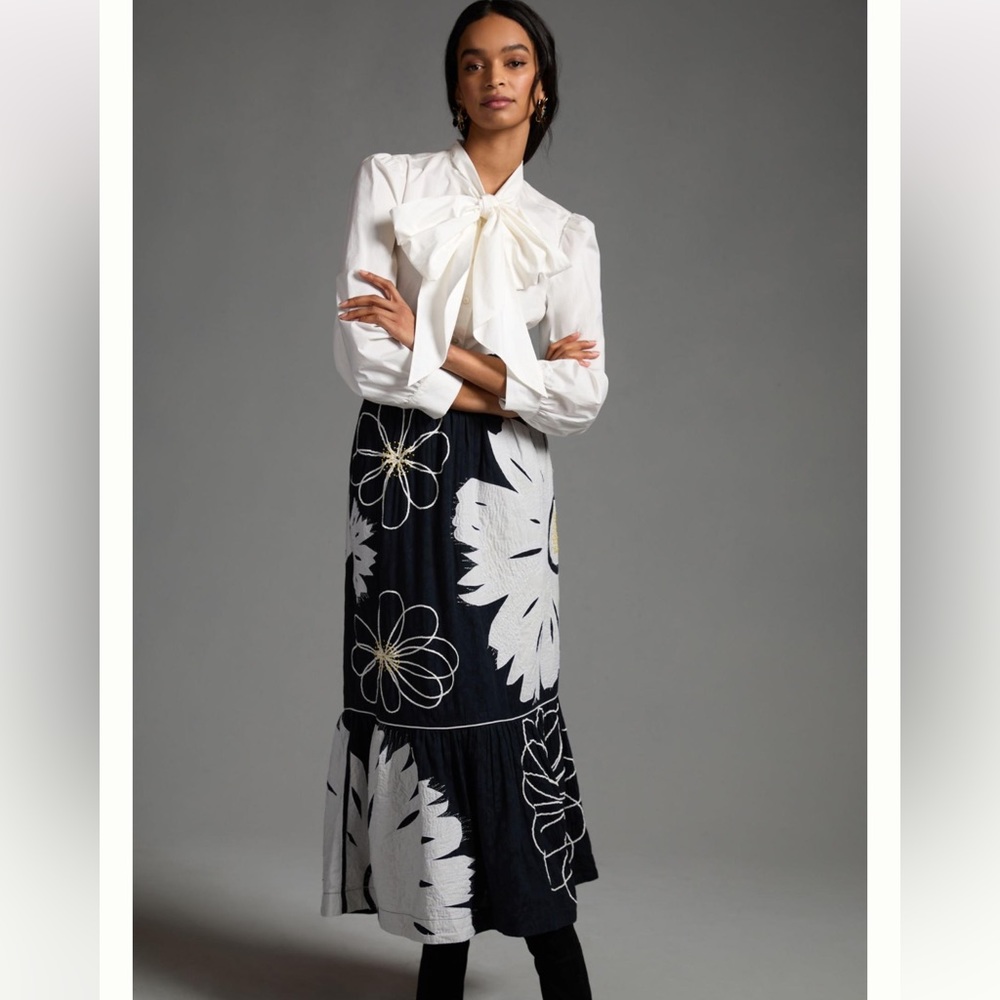 Anthropologie Maeve Tiered Black & White Floral Skirt Size XS NWT
